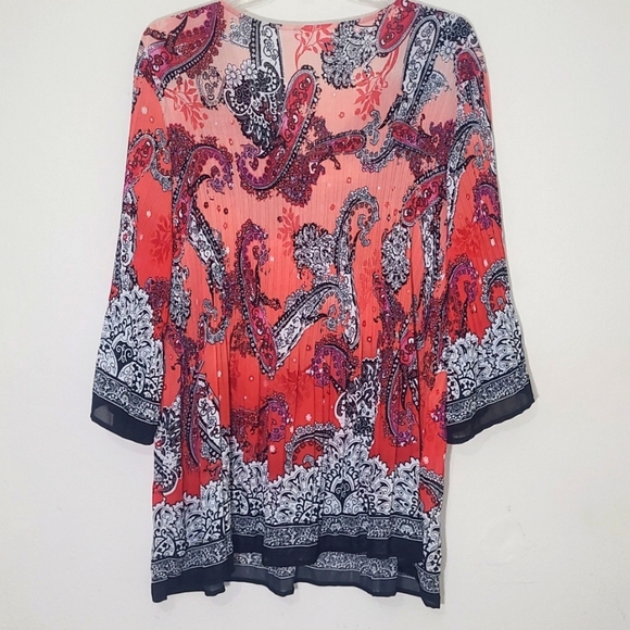 Beaded Paisley Ombre Bandana Print Tunic Top Long Loose Sleeve Bohemian V Neck - Picture 4 of 9